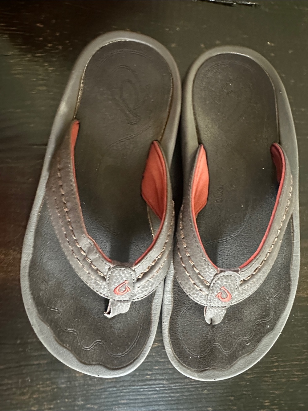 OluKai Men’s Brown and Red Leather Flip Flops